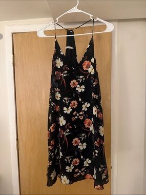 Black Floral V-Neck Midi Dress with Spaghetti Straps
